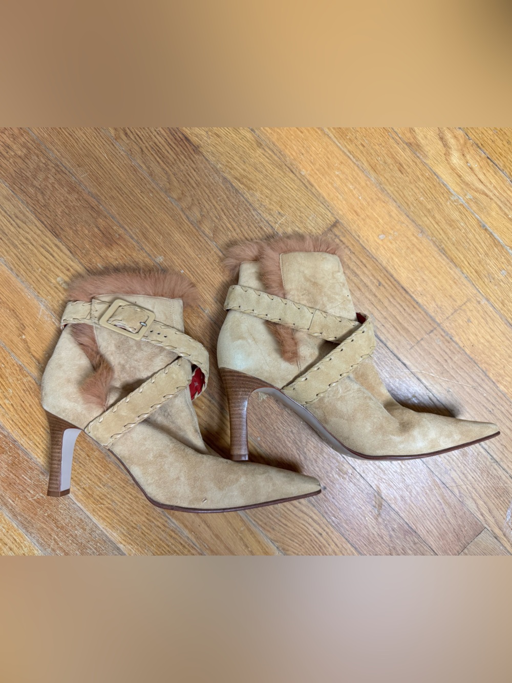 ANTONIO MELANI Tan Suede Pointed-Toe Heeled Booties with Fur Trim